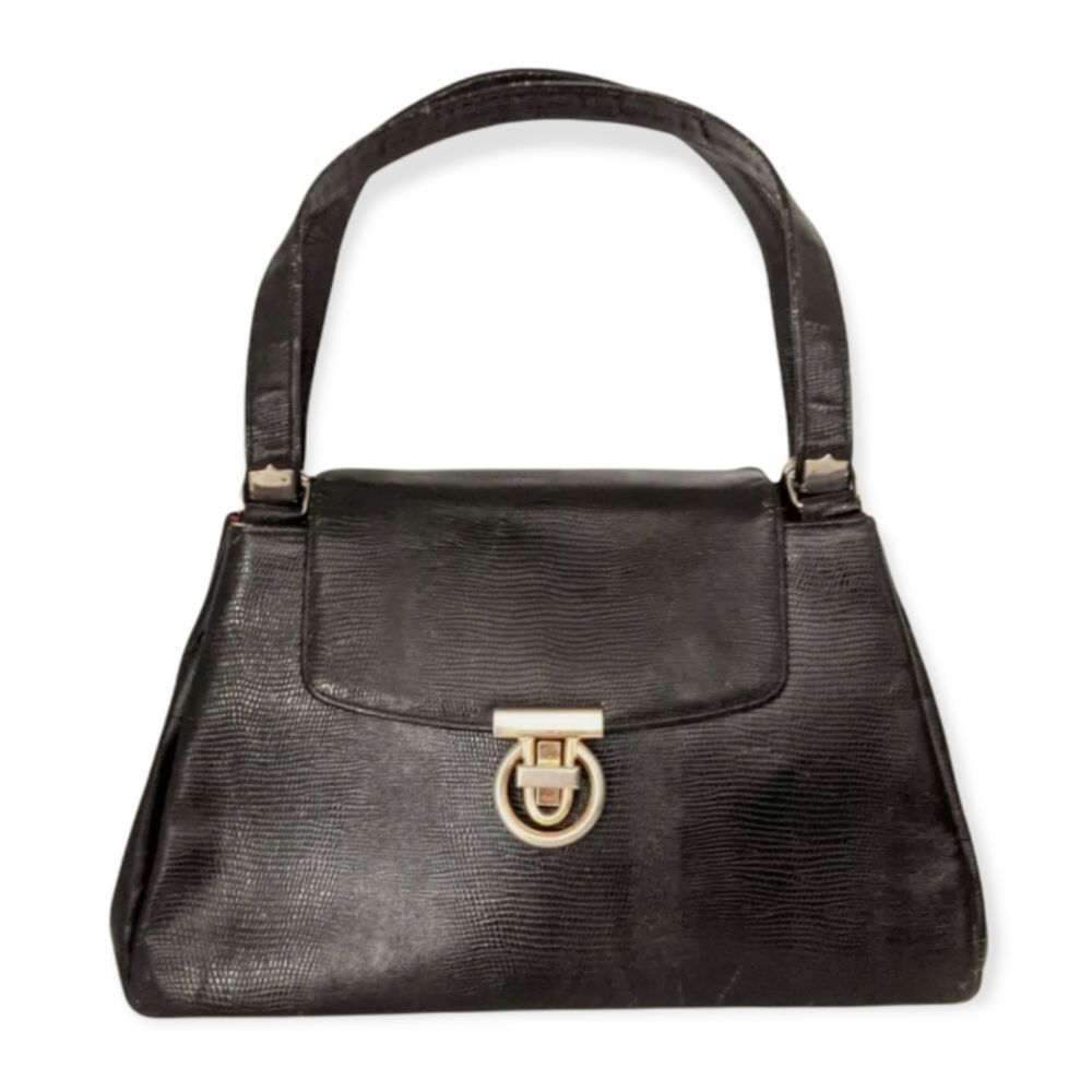 Vintage CROUCH & FITZGERALD NY Black Leather Lizard Embossed Women's Pur…